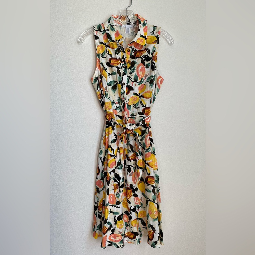 NEW - London Times - White Linen Fruit MIDI Dress